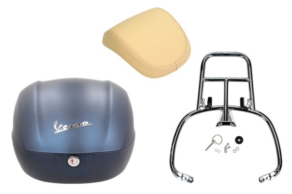 Topcase kit 32L blue matt (282/A), back cushion champagne for Vespa Primavera