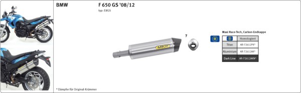 ARROW Auspuff RACE TECH für BMW F650GS / F800GS / Adventure 2008- aus Aluminium, schwarz