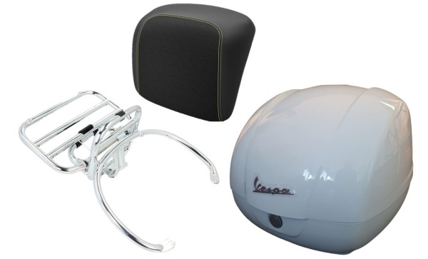 Topcase kit 36L white (B04), luggage rack chrome, back cushion black with yellow stitching for Vespa GTS