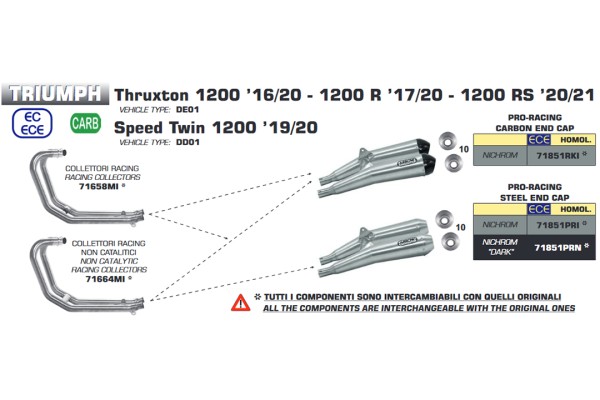 ARROW Racing-Krümmer für Triumph Thruxton 2016- / Thruxton R 2016 & 2018- / Speed Twin 2019- , ohn