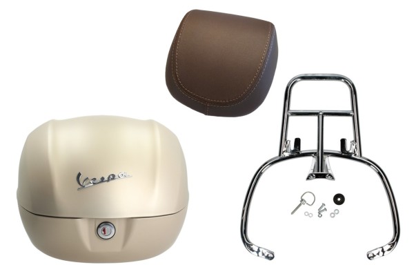 Topcase Kit 32L beige unico matt opaco, brown back cushion, chrome luggage rack for Primavera